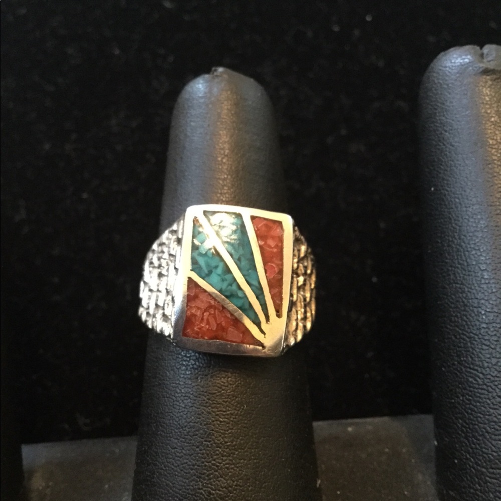 Sterling coral & turquoise ring